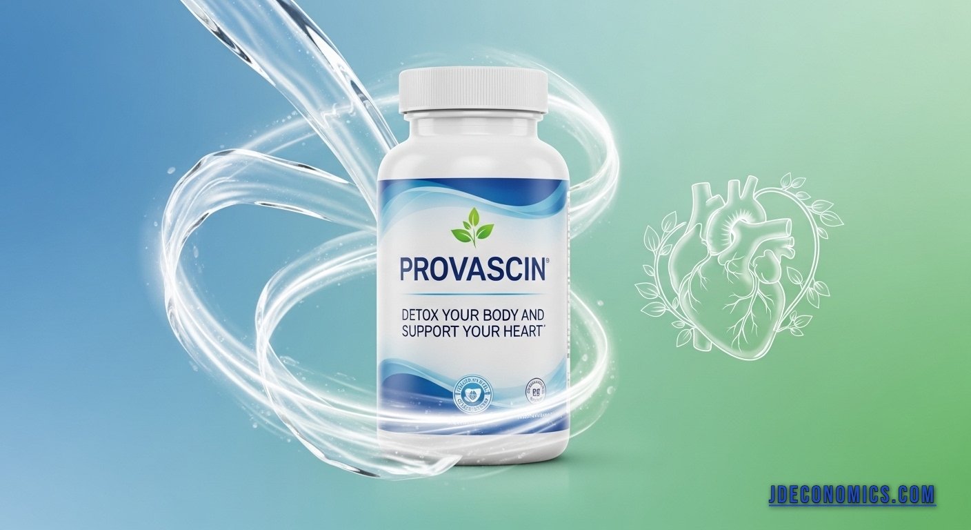 Bottle of Provascin supplement with fresh fruits and herbs highlighting detox and heart health benefits.